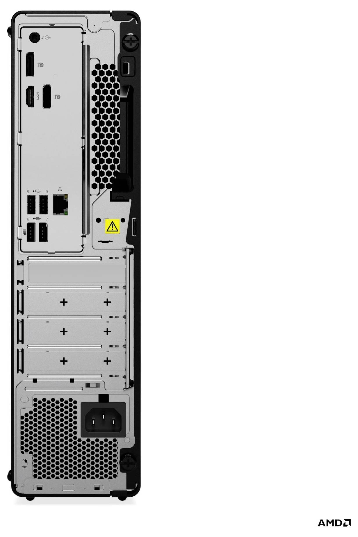 Vue arrière d'un boîtier d'ordinateur montrant plusieurs emplacements d'extension, des ports USB, des ports Ethernet et une grille de ventilation.