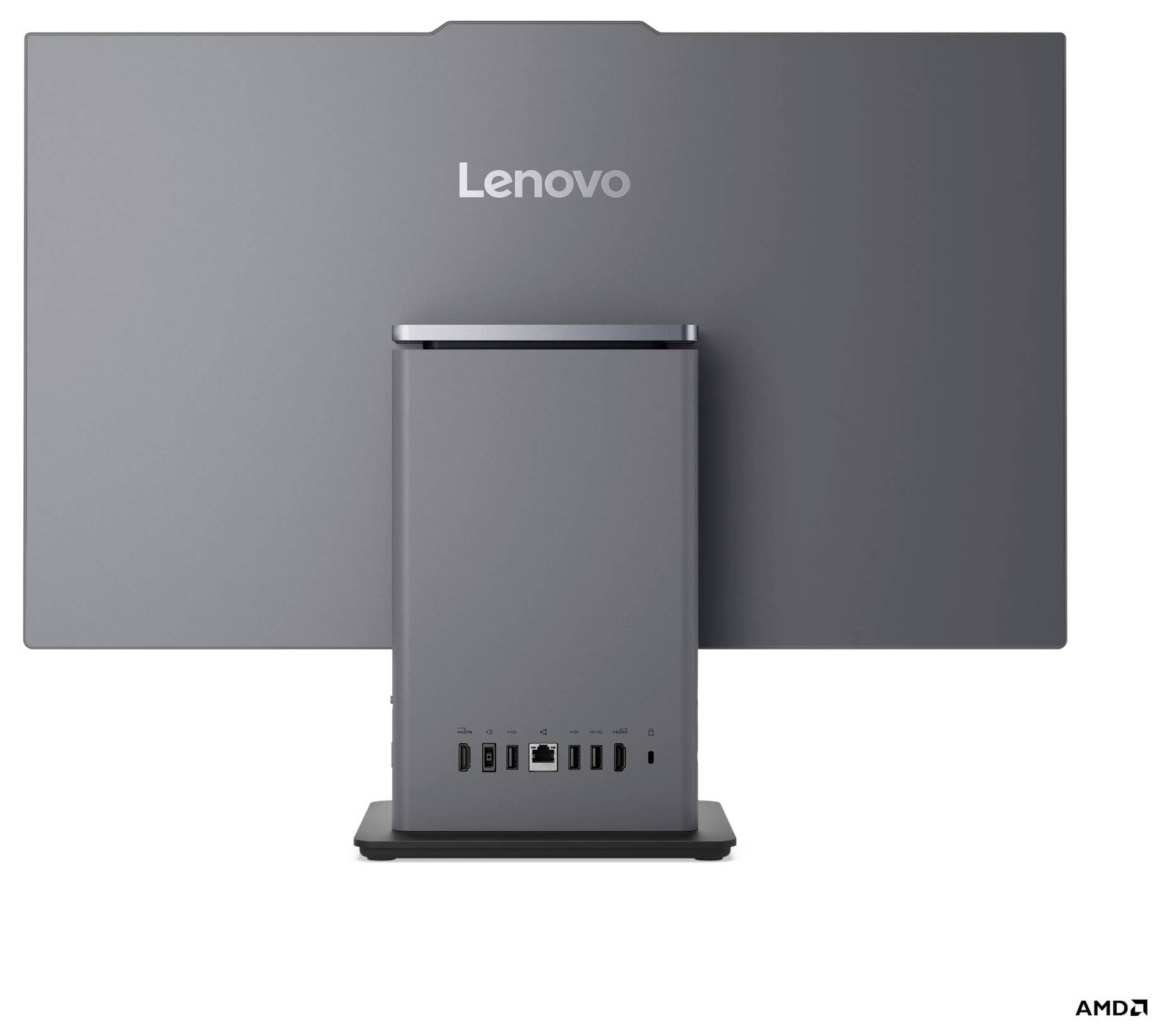 Un moniteur informatique Lenovo au design élégant, présentant le logo de la marque au centre en haut et plusieurs ports à l'arrière.