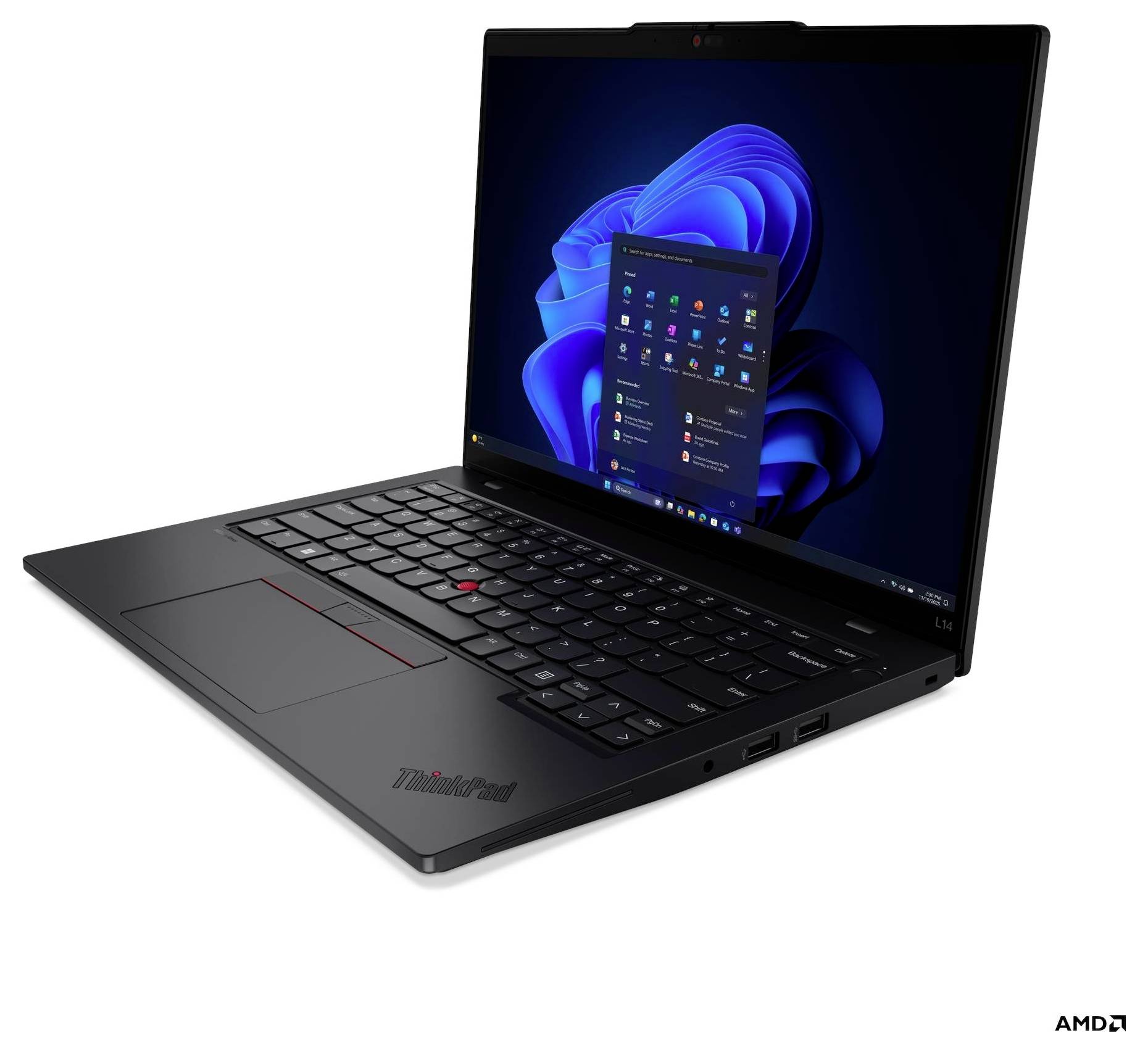 Un ordinateur portable élégant noir avec un écran d'accueil Windows 11 visible, montrant des icônes d'applications. L'ordinateur portable est incliné vers la droite, mettant en valeur son design.
