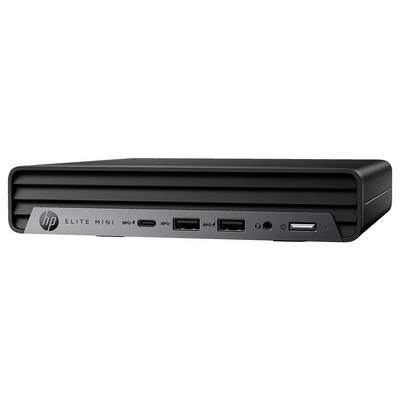 Un ordinateur de bureau compact noir HP Elite Mini avec plusieurs ports avant, dont USB-C, USB-A et des connexions audio.