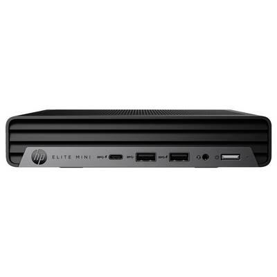 Un ordinateur de bureau compact HP Elite Mini avec plusieurs ports à l'avant, notamment USB-C, USB-A et une prise audio.