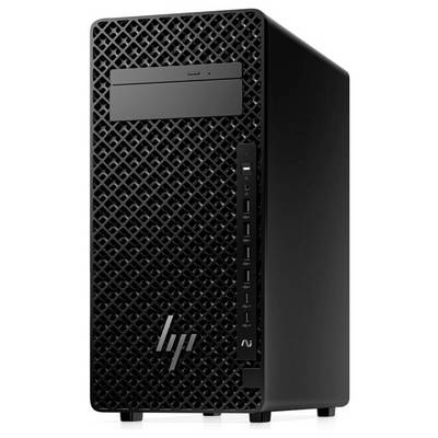 Un tour d'ordinateur noir avec un panneau avant texturé, un lecteur optique, des ports USB et un logo HP, vue de côté.