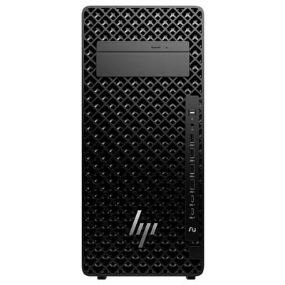 Une tour d'ordinateur de bureau noir avec un panneau avant en maille, un logo « HP », et plusieurs ports USB et un bouton d'alimentation sur la droite.