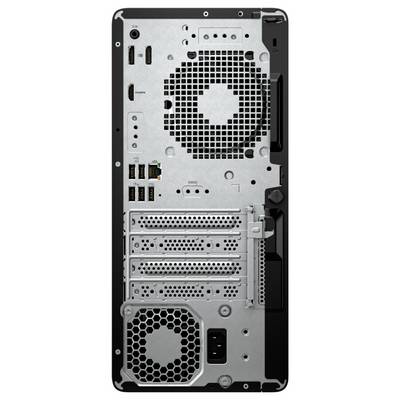 Vue arrière d'un boîtier d'ordinateur montrant divers ports, un ventilateur de refroidissement, une alimentation électrique et des emplacements d'extension.
