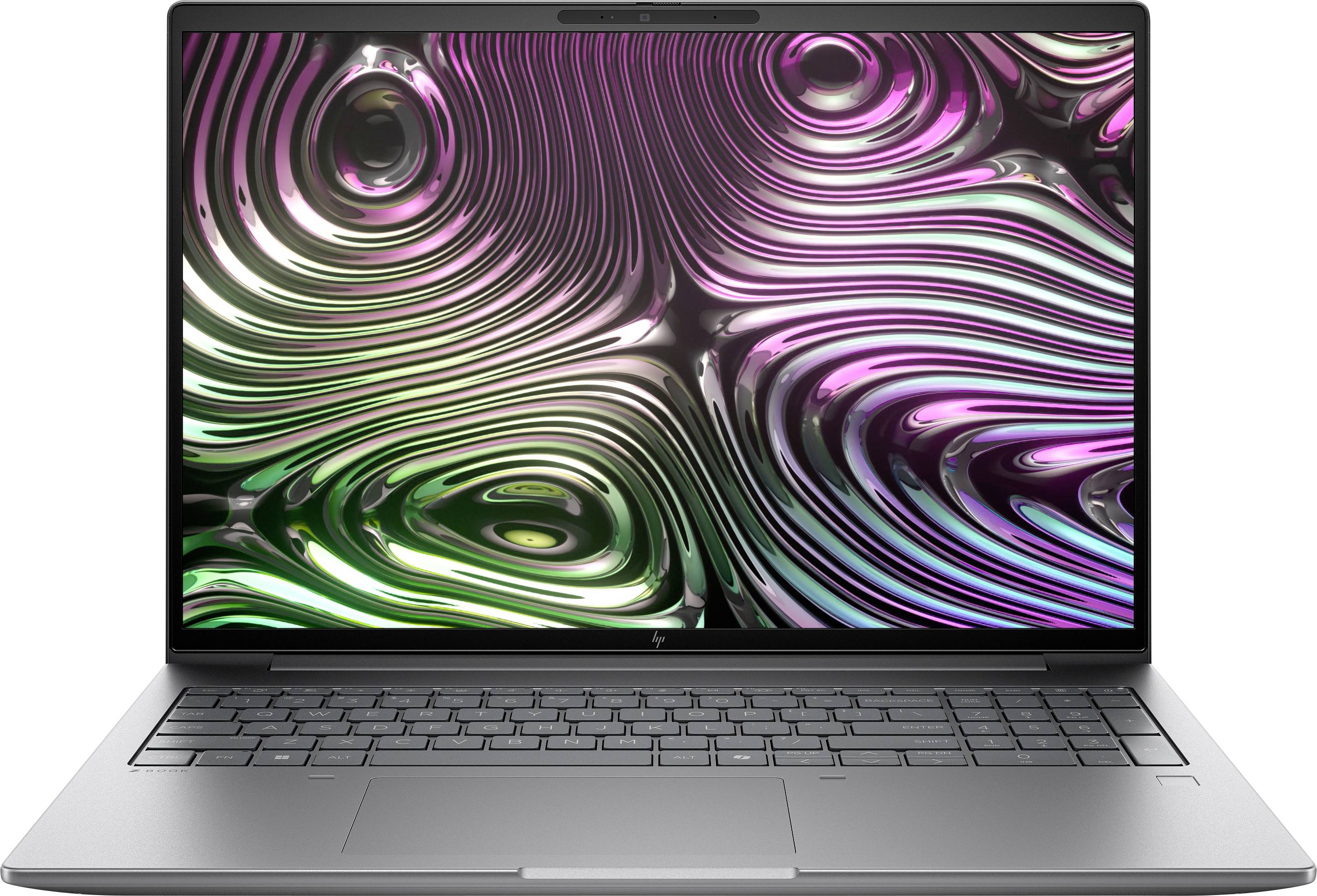 Un ordinateur portable doté d'un clavier gris métallique et d'un écran abstrait vif affichant des motifs tourbillonnants roses, verts et métalliques.