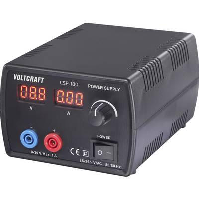 Un alimentation électrique 'Voltcraft CSP-180' affichant 0,00 volts et 0,00 ampères. Les caractéristiques incluent des cadrans ajustables et des indicateurs d'alimentation.
