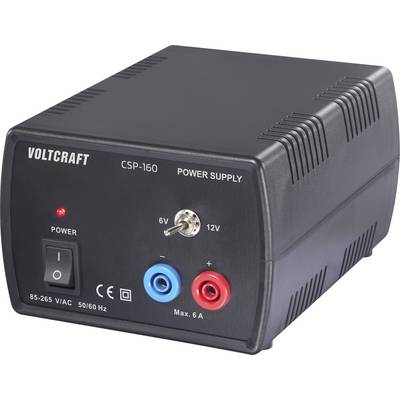 Unité d'alimentation Voltcraft CSP-160 avec un commutateur pour les sorties 6V et 12V, un indicateur LED et un interrupteur d'alimentation sur le panneau avant.