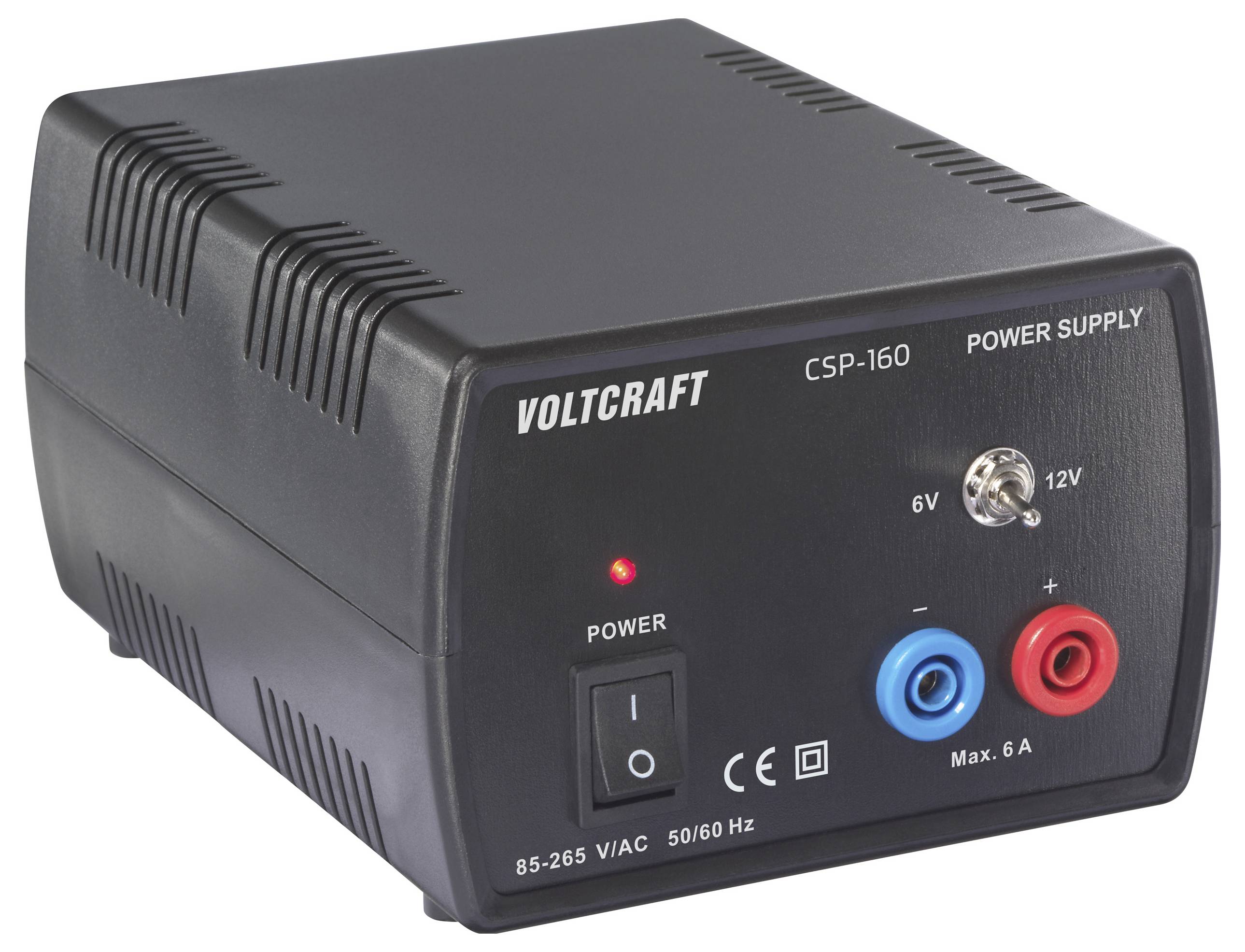 Alimentation 'Voltcraft CSP-160' montrant l'interrupteur d'alimentation, les options de tension (6V, 12V), les bornes positives et négatives, et les détails de puissance d'entrée.