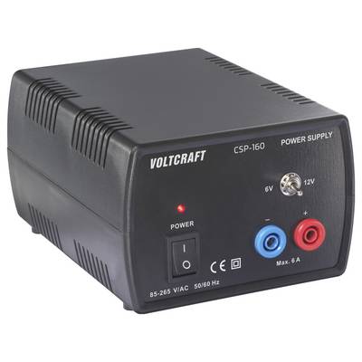 Alimentation 'Voltcraft CSP-160' montrant l'interrupteur d'alimentation, les options de tension (6V, 12V), les bornes positives et négatives, et les détails de puissance d'entrée.