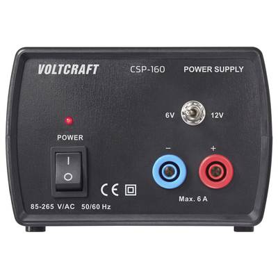 Alimentation Voltcraft CSP-160 avec sortie 6V ou 12V, interrupteur d'alimentation et bornes de sortie rouge et bleu, maximum 6A.