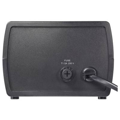 L'image montre l'arrière d'un appareil électronique noir avec un cordon d'alimentation et un fusible marqué « 1.5A 250V ».