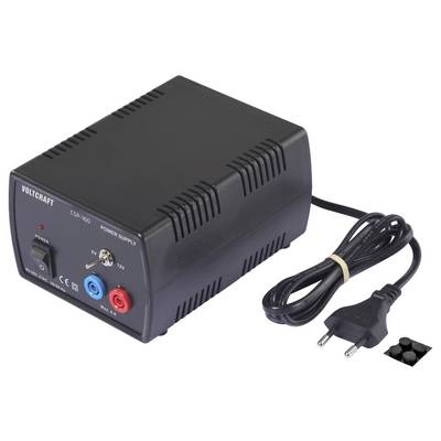 Une unité d'alimentation noire marquée « Voltcraft » avec des sorties de tension de 3V, 5V, 6V, 9V et 12V, équipée d'un interrupteur et de connecteurs.