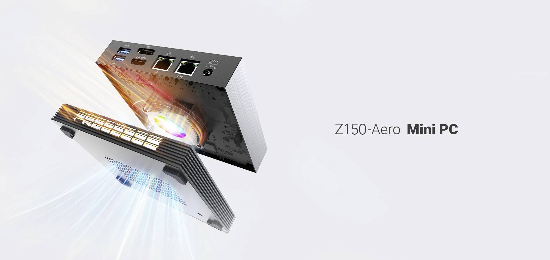 Mini PC Z150-Aero présenté sous deux angles : ports frontaux comprenant USB et Ethernet ; boîtier design épuré avec un effet de flux d'air lumineux.