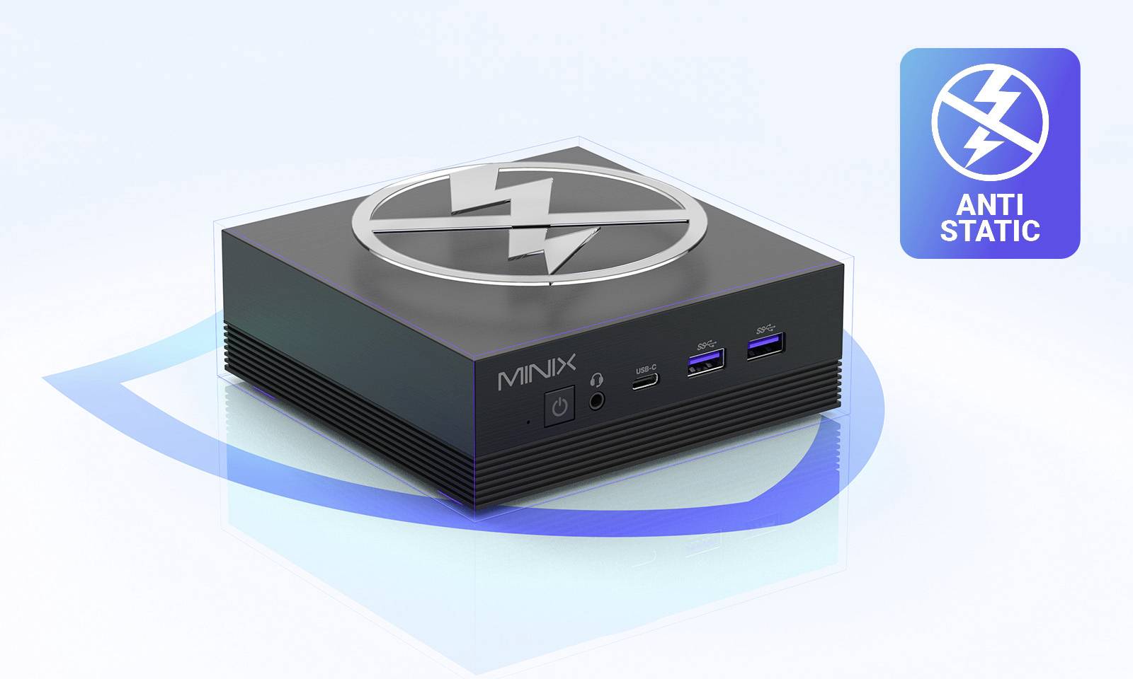 Un appareil électronique noir doté de plusieurs ports, arborant un logo antistatique sur le dessus. L'arrière-plan présente un dégradé bleu.