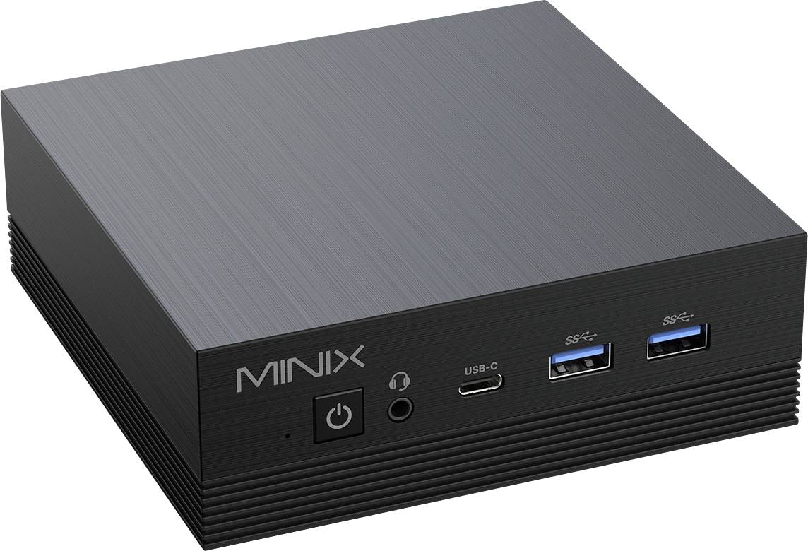 Un ordinateur Minix compact noir à surface texturée, doté d'un bouton d'alimentation, d'une prise casque, d'un port USB-C et de deux ports USB-A à l'avant.