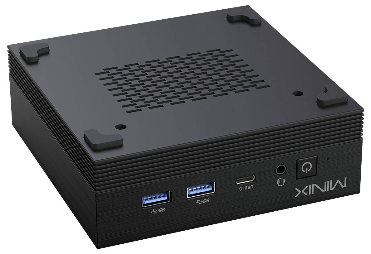 Un mini PC noir rectangulaire avec des ports USB et HDMI à l'avant. Le nom de la marque 'MINIX' est visible.
