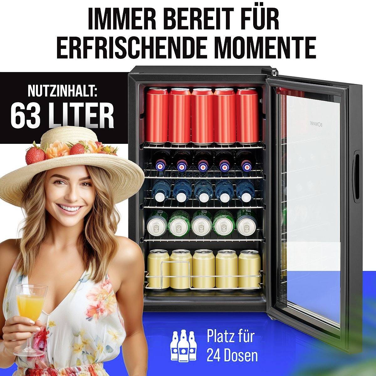 Une femme portant un chapeau fleuri tient une boisson à côté d'un réfrigérateur ouvert rempli de boissons. Le texte indique « Volume utile : 63 litres » et « Place pour 24 canettes ».