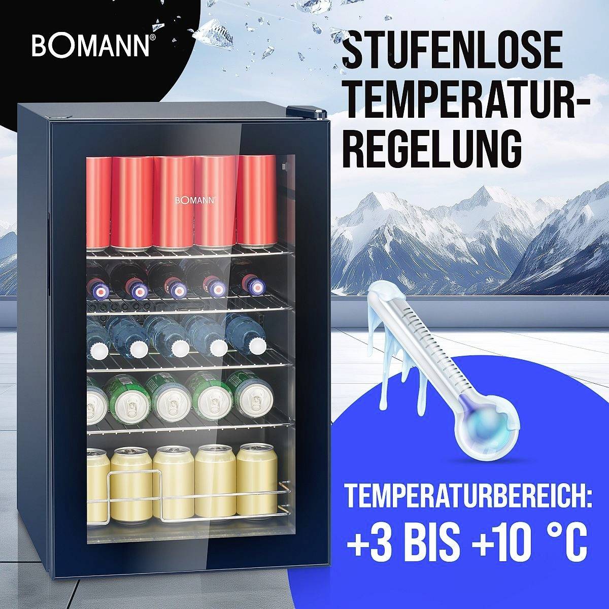 Un réfrigérateur de boissons avec une porte vitrée exposant des bouteilles et des canettes. Texte : 'Régulation de température progressive'. Plage de température : '+3 à +10 °C'.