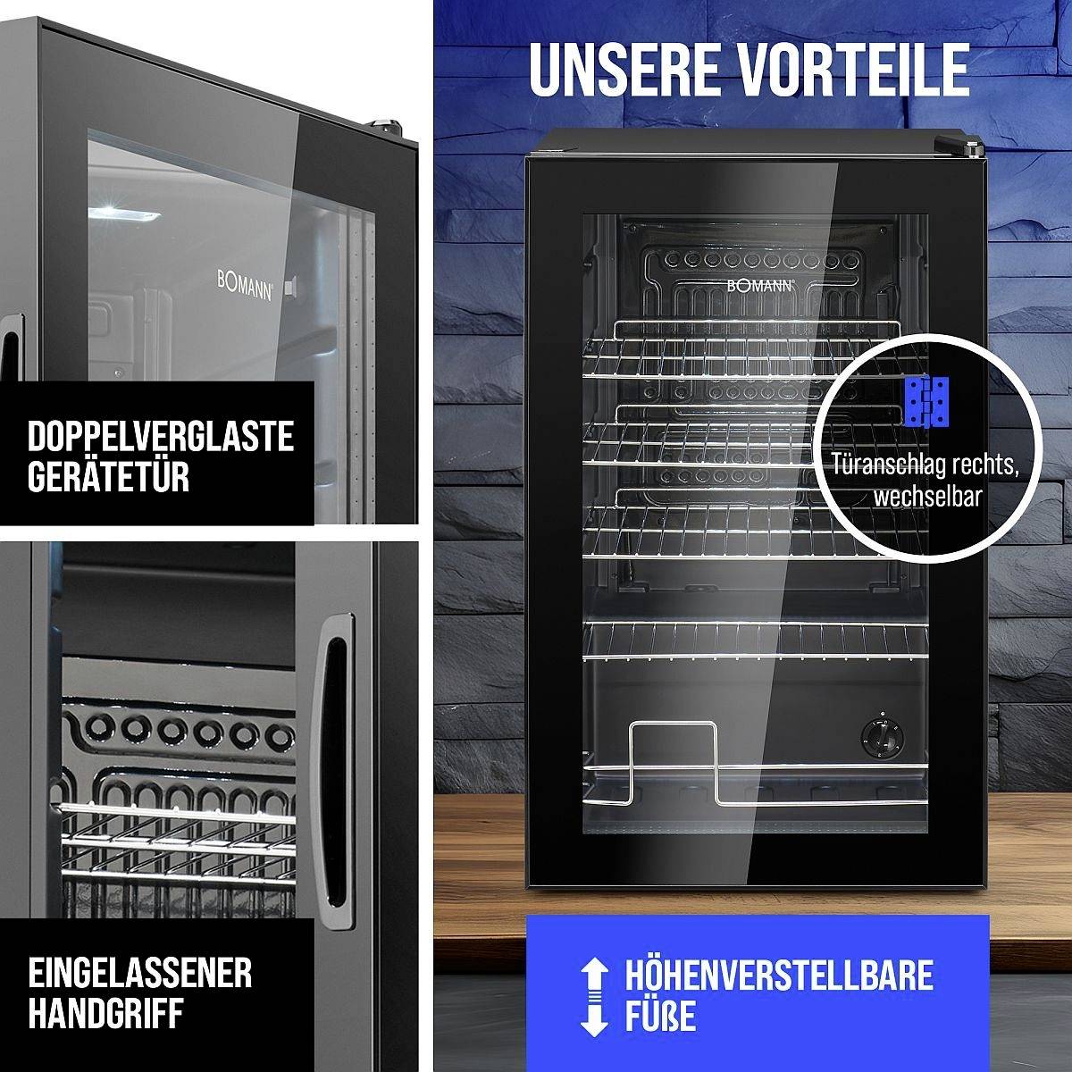 Réfrigérateur avec porte en verre, étagères amovibles, une poignée et la possibilité de changer le sens d'ouverture de la porte.