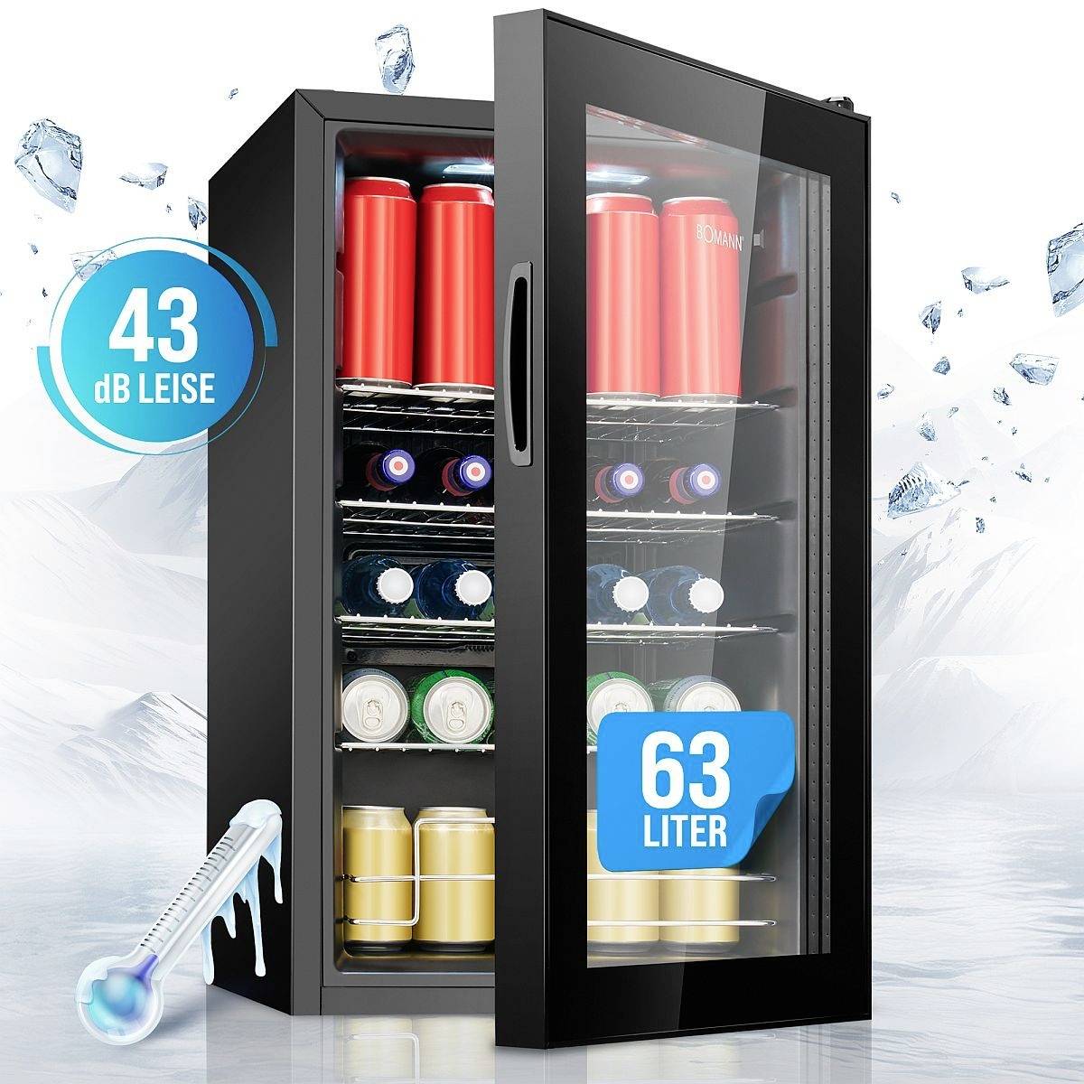 Un mini-réfrigérateur noir avec une porte en verre, contenant des canettes de boissons variées. Le texte superposé indique « 43 dB Silencieux » et « 63 Litres ».