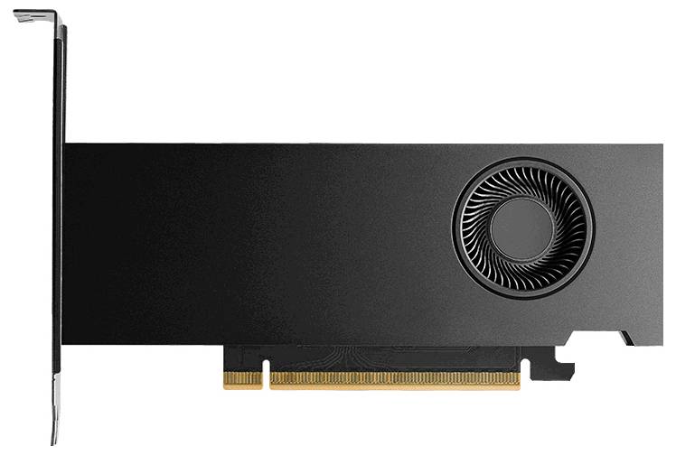 Une carte graphique noire avec un seul ventilateur, un connecteur PCIe et un design compact adapté aux boîtiers d'ordinateur fins.