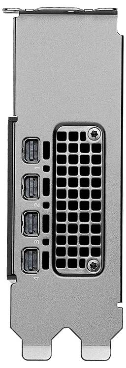 Image rapprochée du panneau arrière d'une carte graphique montrant quatre connecteurs DisplayPort étiquetés de 1 à 4 et des fentes de ventilation.