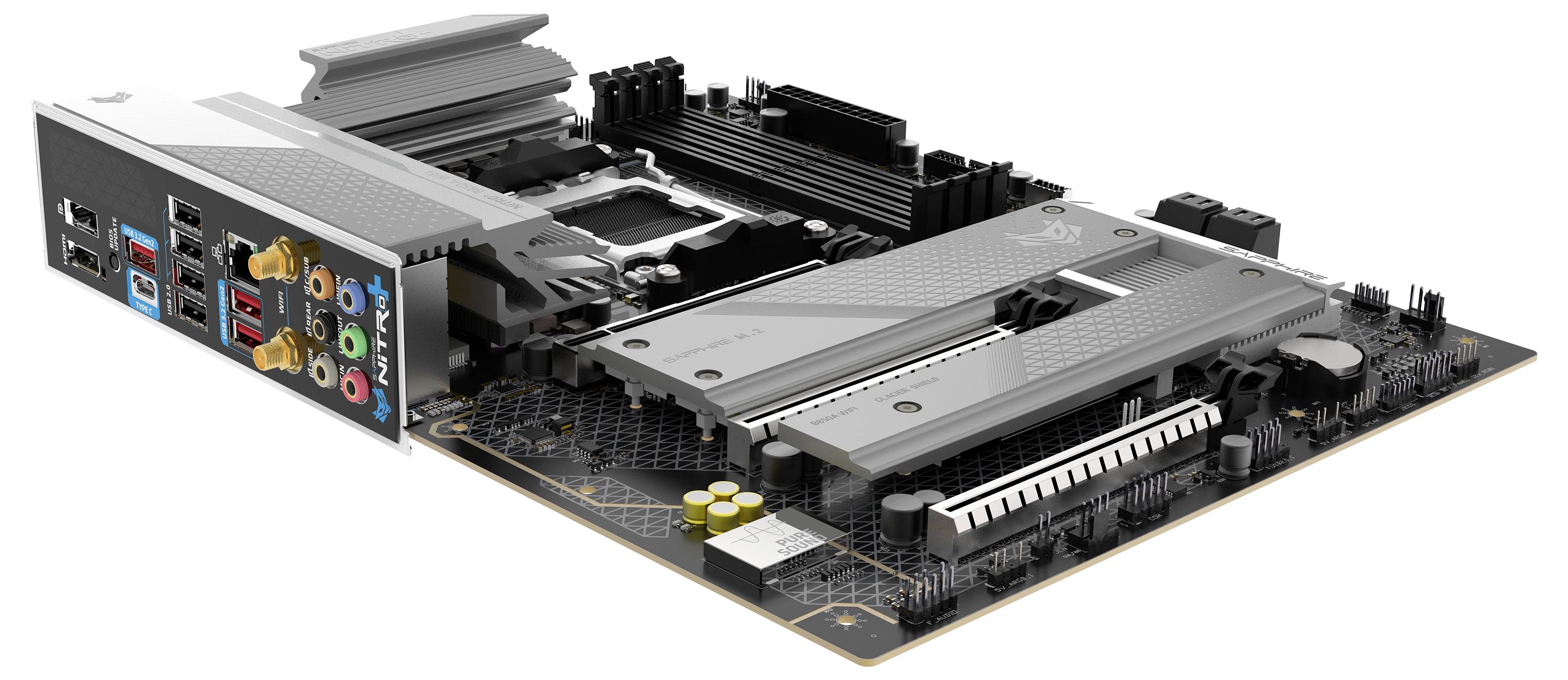 Une carte mère d'ordinateur avec plusieurs ports, emplacements et dissipateurs thermiques, illustrant les capacités de connectivité et d'extension pour les composants matériels de PC.