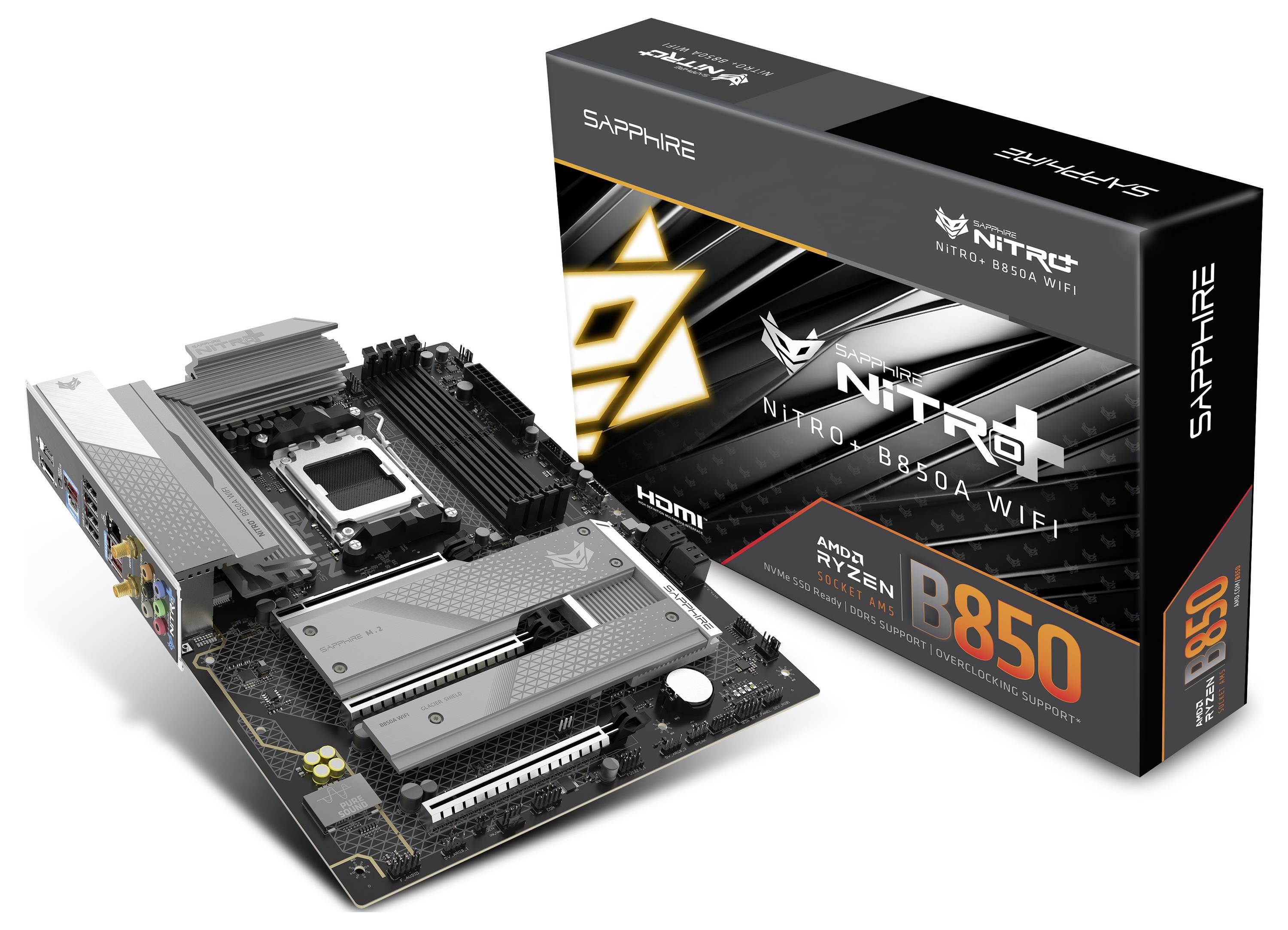 L'image montre une carte mère micro-ATX Sapphire Nitro, modèle B850, à côté de son emballage. La carte est équipée d'une sortie HDMI.