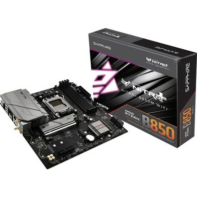 'Carte mère SAPPHIRE Nitro B850M WiFi compatible AMD Ryzen, avec emplacements HDMI et PCIe, présentée à côté de sa boîte d'emballage.'