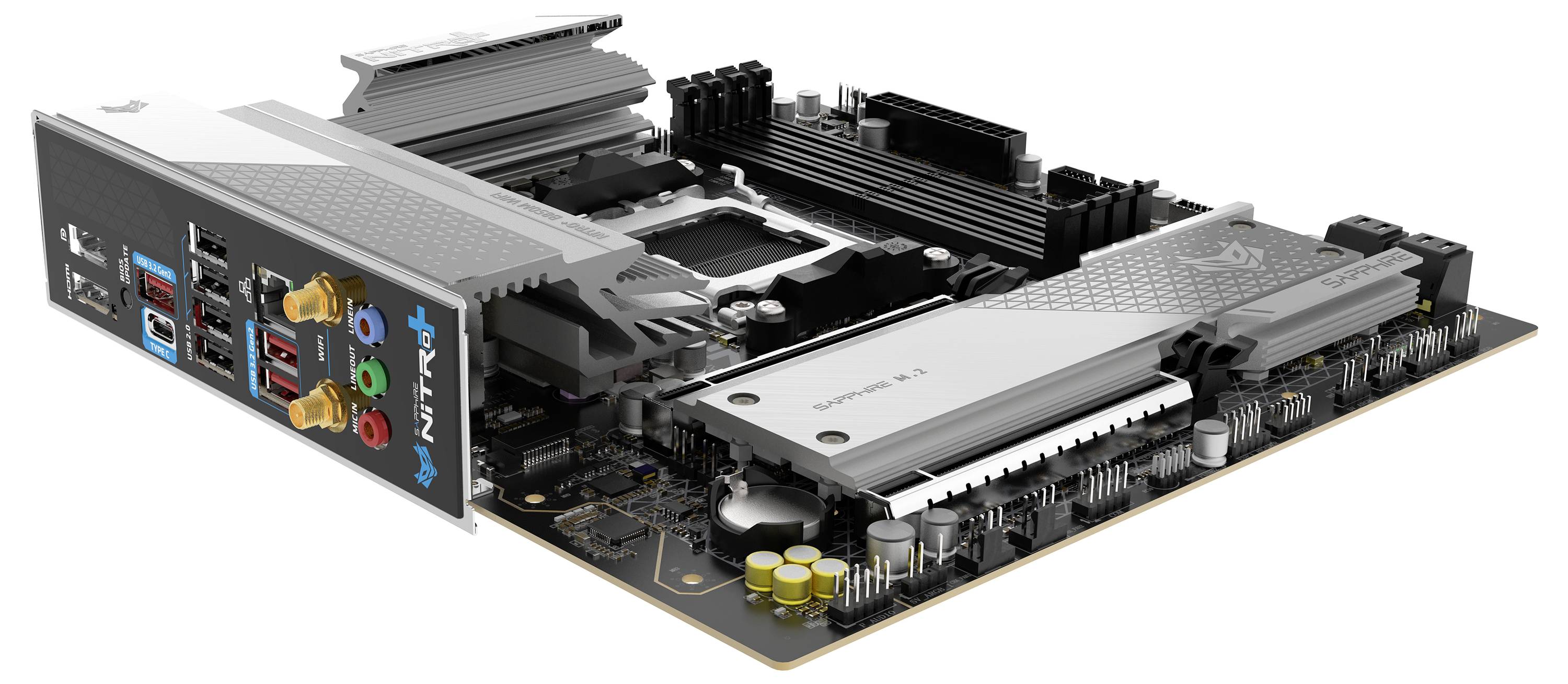 Une carte mère d'ordinateur avec des emplacements visibles pour la RAM, un socket de processeur, plusieurs ports USB et des prises audio sur le panneau arrière.