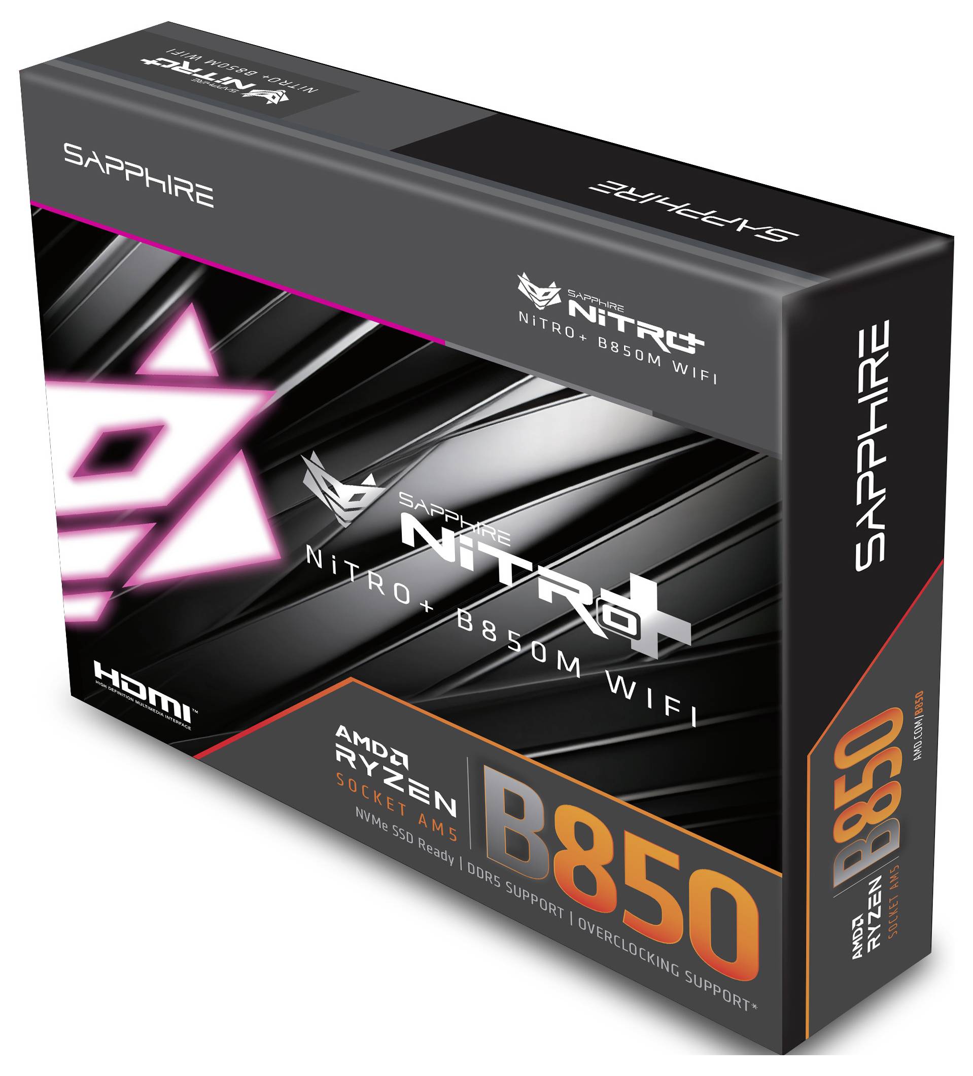 Boîte de carte mère Sapphire Nitro B850 pour AMD Ryzen, avec support HDMI, comprenant un design graphique et des spécifications sur la face avant.