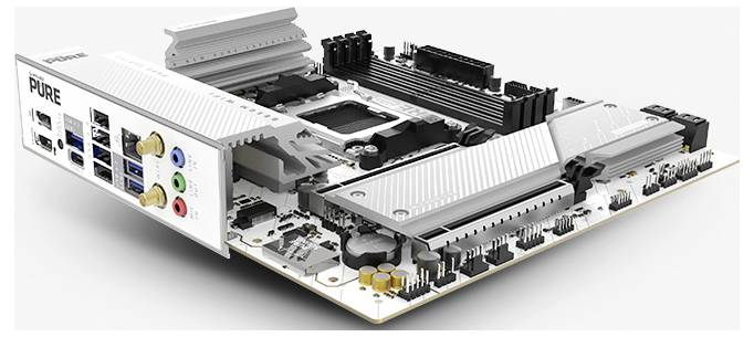 Vue latérale d'une carte mère d'ordinateur présentant divers ports, emplacements et composants sur un fond blanc.