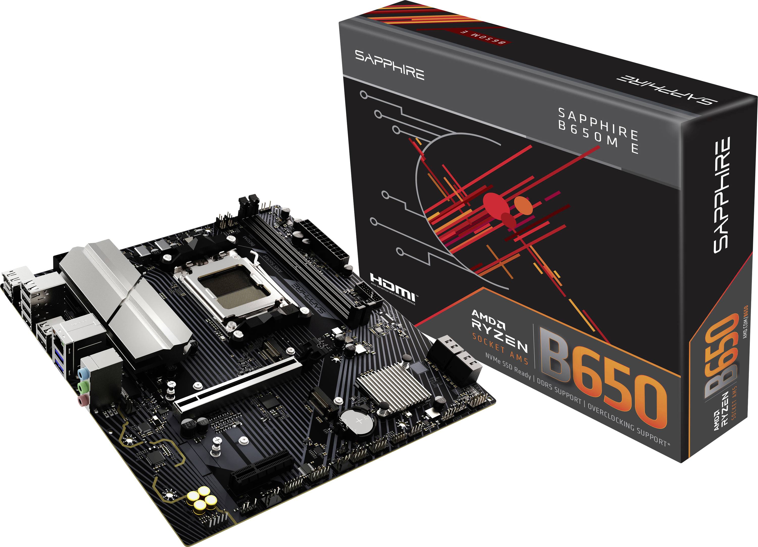 Carte mère 'AMD Ryzen B650M' présentée à côté de sa boîte d'emballage, étiquetée 'Sapphire B650M E', soulignant sa compatibilité et sa marque.