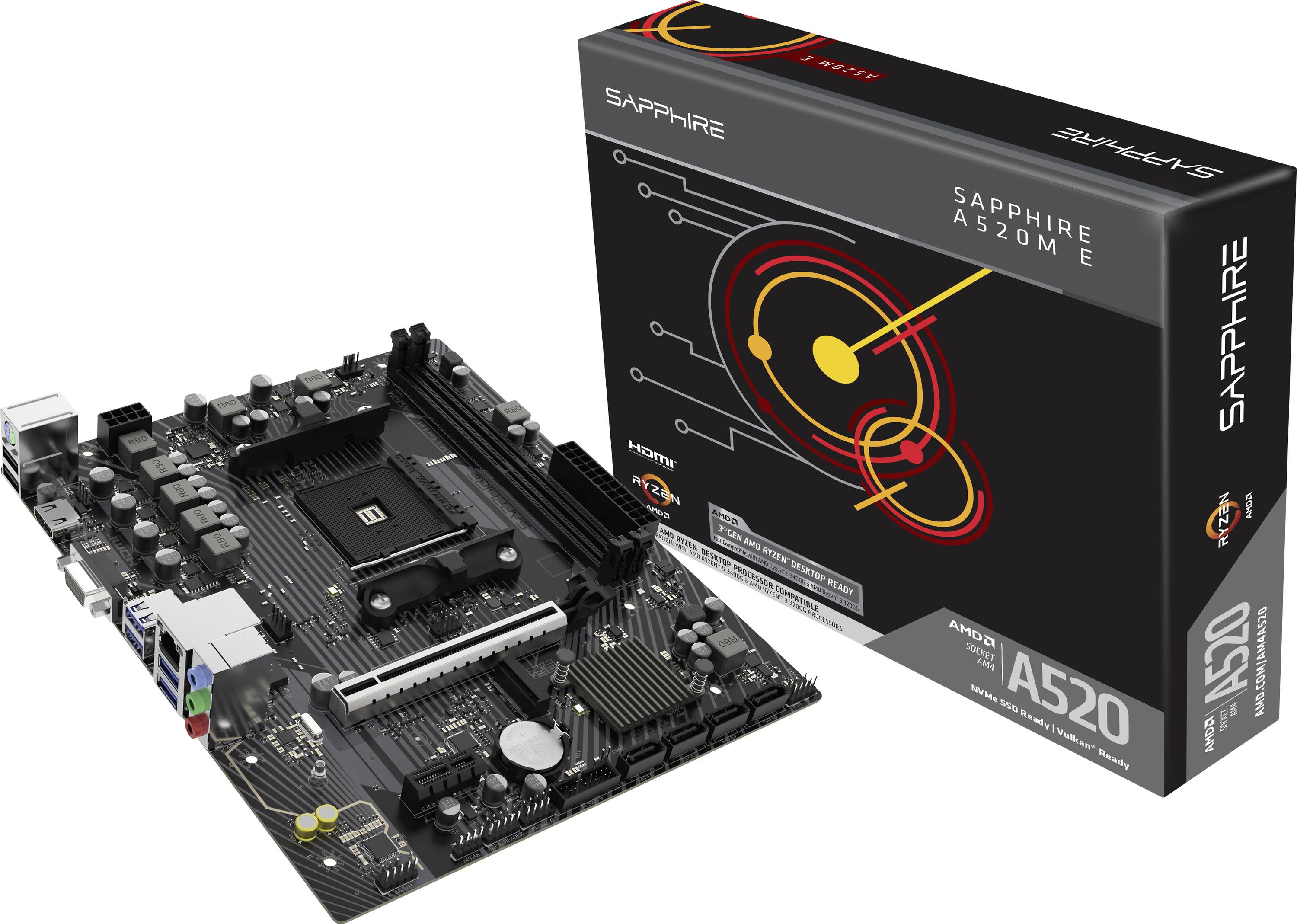 Une carte mère 'Sapphire A520M E' est présentée à côté de son emballage. La boîte est noire avec un design de circuit orange et affiche le nom du modèle.