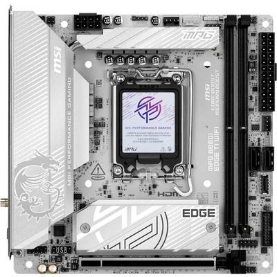 Une carte mère blanche MSI MPG B660I mini-ITX avec un logo de dragon, dotée d'un socket LGA 1700, deux emplacements RAM et différents ports de connectivité.