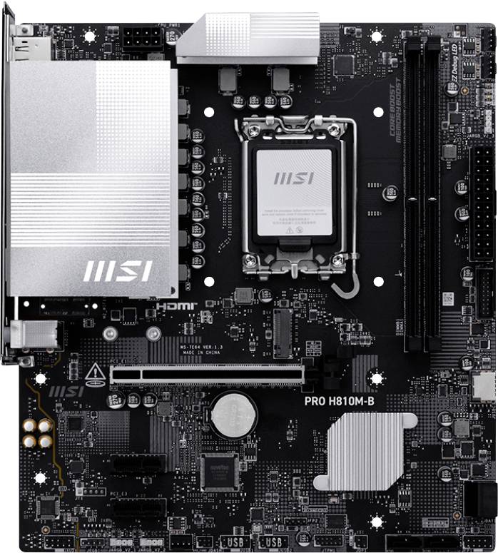 Une carte mère MSI PRO H810M-B noire montrant divers ports et composants, notamment le socket du processeur, les emplacements de RAM et les dissipateurs thermiques.