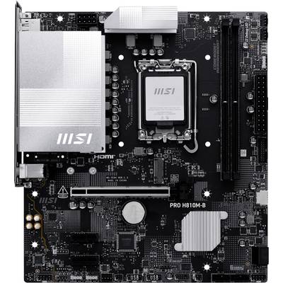 Une carte mère MSI PRO H810M-B noire montrant divers ports et composants, notamment le socket du processeur, les emplacements de RAM et les dissipateurs thermiques.