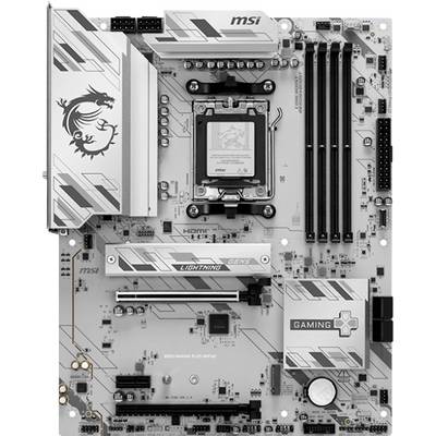 Carte mère MSI présentant un logo de dragon, avec plusieurs ports, emplacements pour RAM et emplacements PCIe, conçue pour l'informatique haute performance.