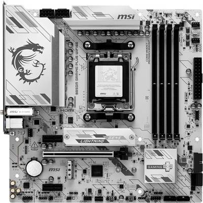 Une carte mère MSI avec un logo de dragon et plusieurs emplacements, comprenant des emplacements RAM et PCIe, conçue pour le gaming avec différents ports de connectivité.