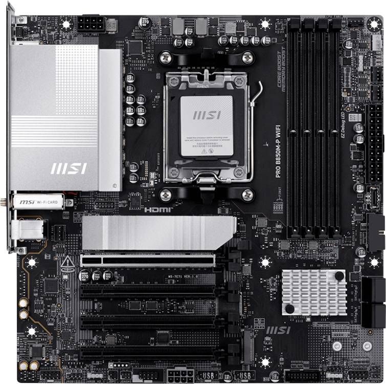 Carte mère MSI B650M noire avec plusieurs emplacements PCIe, emplacements RAM, port HDMI et dissipateurs thermiques, mettant en valeur les options de connectivité avancées.