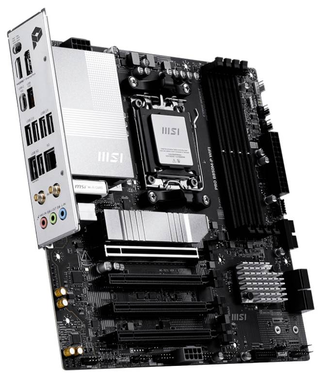 Une carte mère MSI noire avec plusieurs ports et emplacements pour RAM, CPU et cartes d'extension, mettant en valeur ses caractéristiques de connectivité.