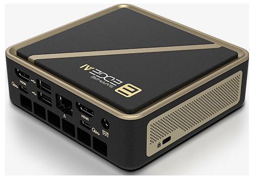 Un mini PC petit, noir et or avec des ports sur les côtés et un logo indiquant « EDGE » sur le dessus, suggérant un ordinateur compact et portable.