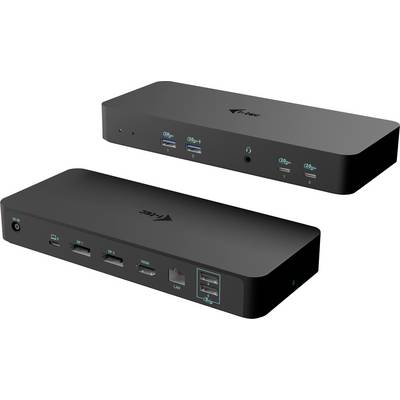 Une station d'accueil noire avec plusieurs ports comprenant USB, HDMI, Ethernet et audio.