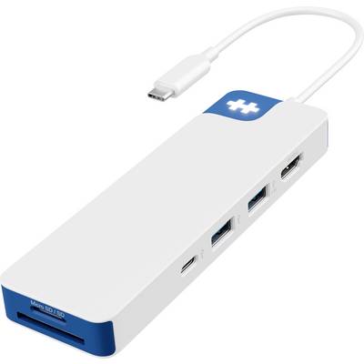 Un hub USB multiport blanc et bleu avec un emplacement pour carte Micro SD/SD, un connecteur USB-C et plusieurs ports USB pour connecter de multiples appareils.