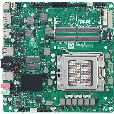 Une carte de circuit imprimé verte avec divers composants électroniques, connecteurs, portant l'étiquette « ASUS Pro A620AT ».