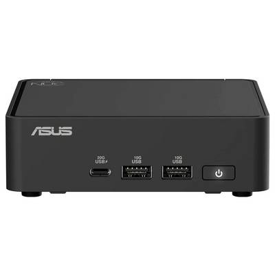 Un petit mini PC noir ASUS avec des ports étiquetés « USB 20G », « USB 10G » et un bouton d'alimentation à l'avant.