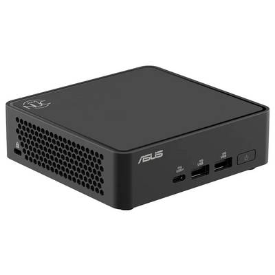 Un mini PC noir ASUS avec des trous de ventilation et différents ports USB à l'avant.