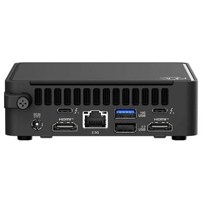Vue arrière d'un ordinateur compact noir montrant divers ports, dont deux HDMI, trois USB, un Ethernet et une entrée d'alimentation.