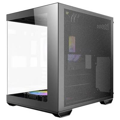 Un boîtier d'ordinateur noir en forme de cube avec un panneau latéral transparent laissant voir des composants éclairés par RGB à l'intérieur.