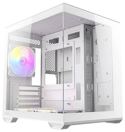 Un boîtier d'ordinateur blanc avec un panneau latéral transparent, montrant des composants internes tels qu'un ventilateur avec des lumières LED colorées et plusieurs emplacements d'extension.